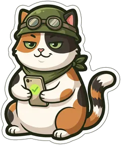 The cat holding a phone that shows a green check mark