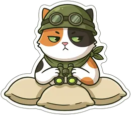 The cat peeking over sandbags with binoculars