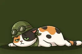 The cat lying flat on the ground in their helmet