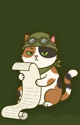 The cat squinting at a very long paper scroll that unrolls to the ground
