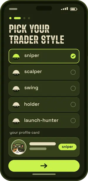 Mockup of the TrenchPals screen titled Pick your trader style, listing sniper, scalper, swing, holder and launch-hunter, each with a small helmet icon, above a profile card preview